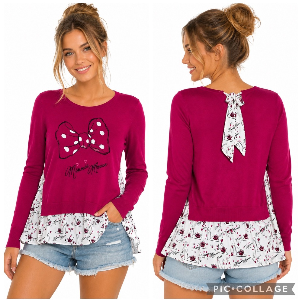 Disney Parks Minnie Mouse Pink Layered Bow Sweater M Coquette Whimsical Girly